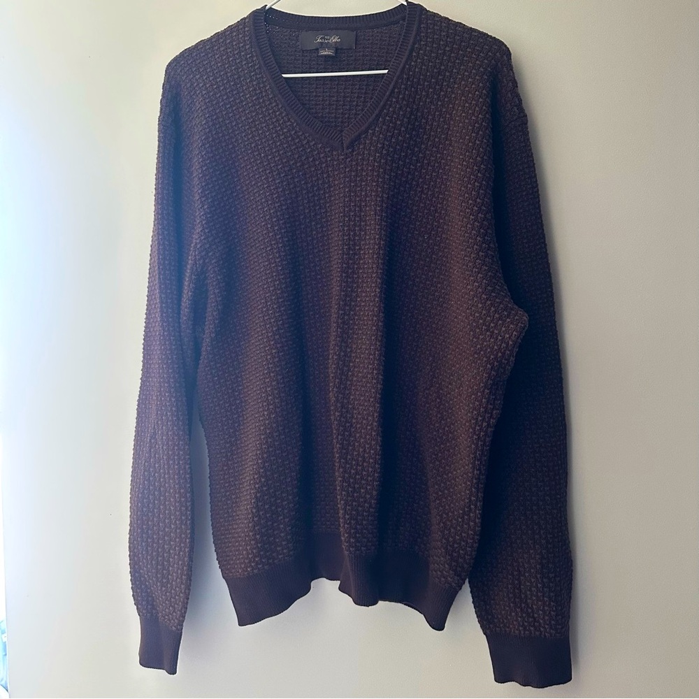 Vintage Tasso Elba Brown V-Neck Sweater Classic Knit